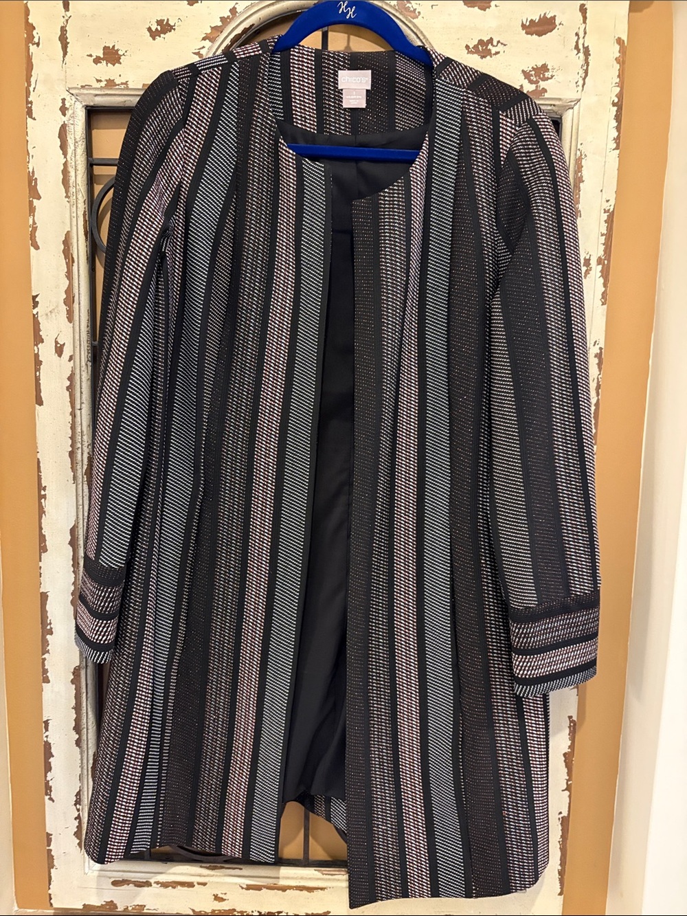 Chico's Black Jacket with White and Copper Stripes